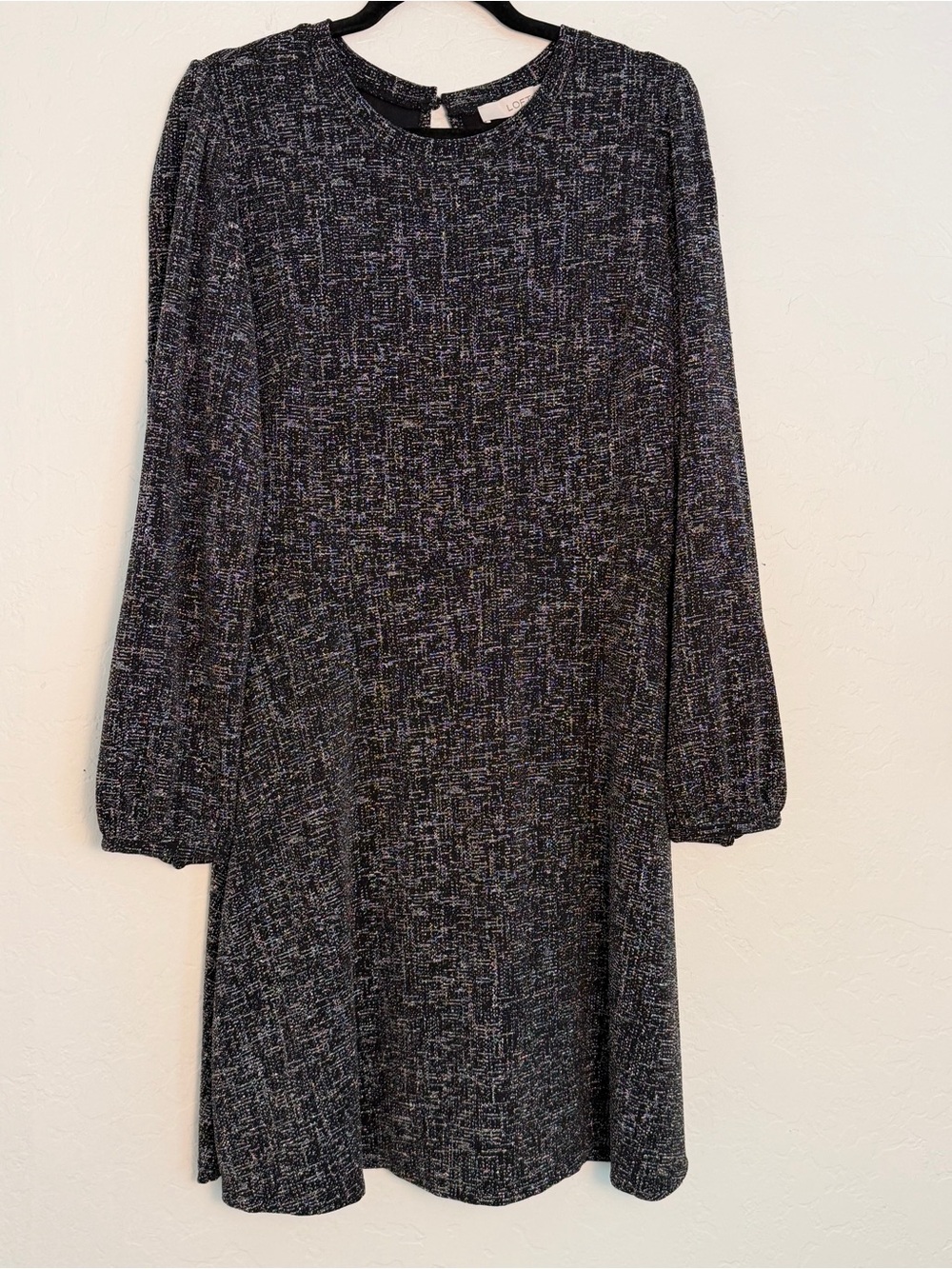LOFT Women's Large A-line Dress Metallic Black/SilverTextured Fit&Flare Holiday